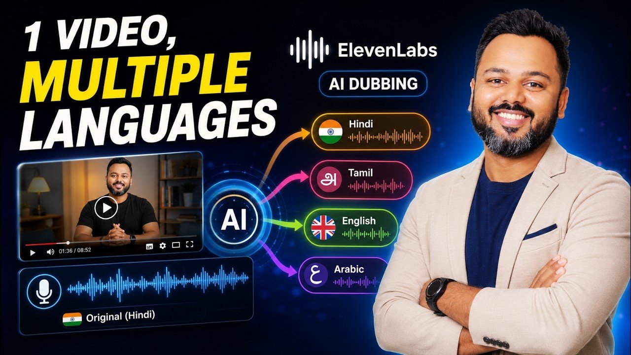 AI dubbing video thumbnail showing one video translated into multiple languages